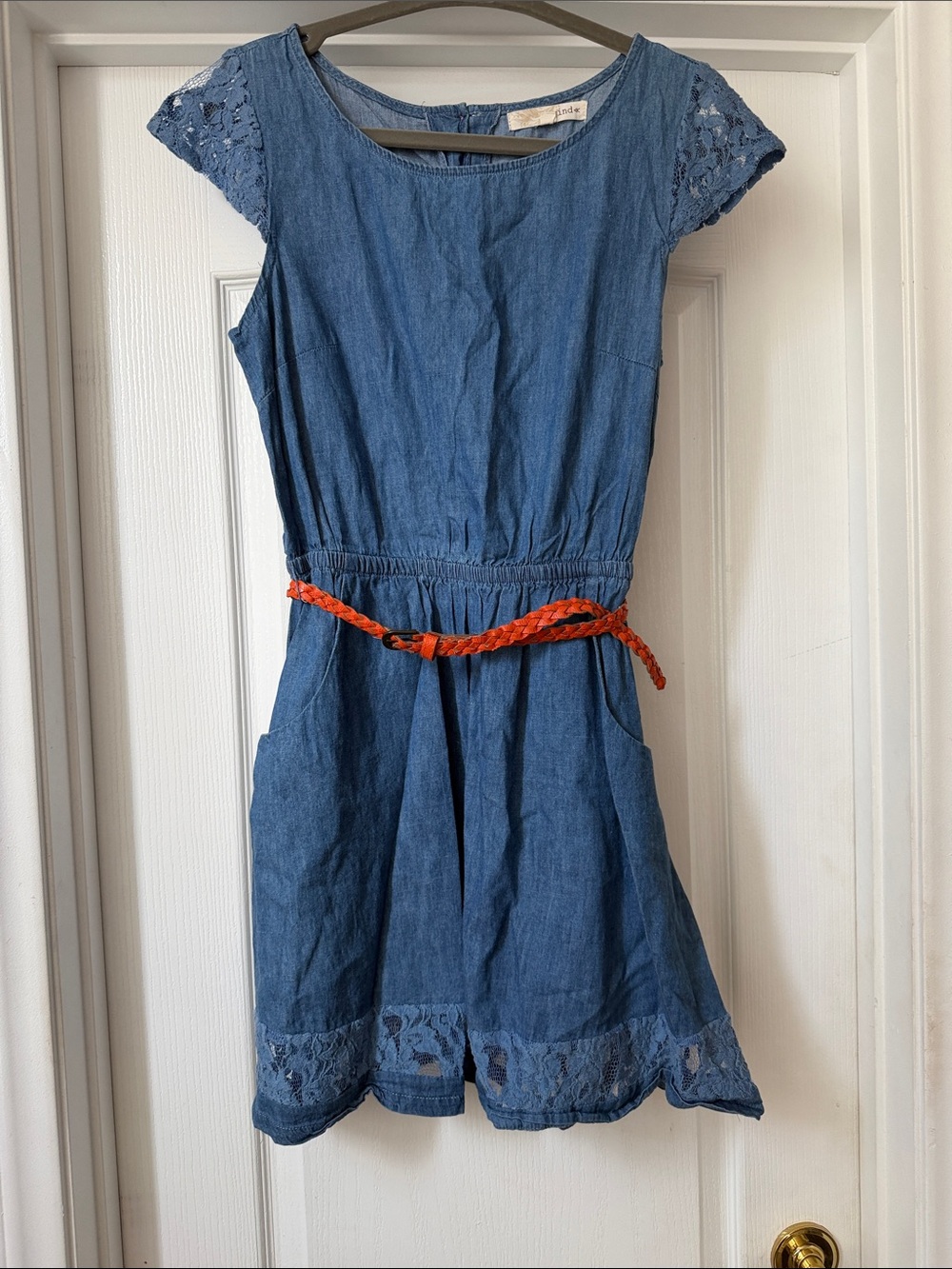 Rewind Blue Denim Dress with Brown/Orange Braided Belt